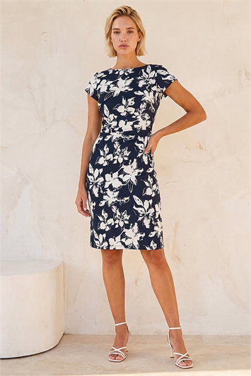 Blue Floral Gathered Shift Dress