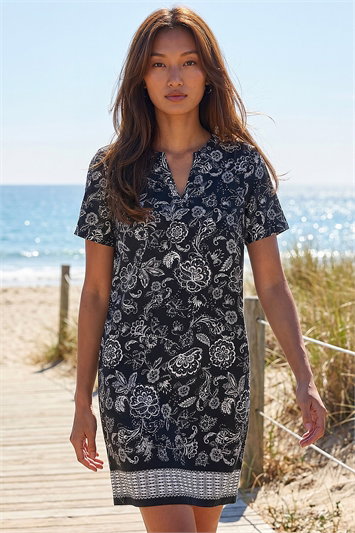 Black Paisley Print Linen Blend Shift Dress