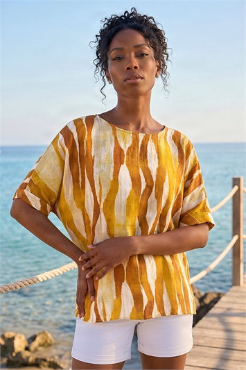 Orange Abstract Print Buttoned Tunic Top