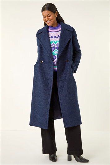 Blue Textured Buttoned Boucle Coat