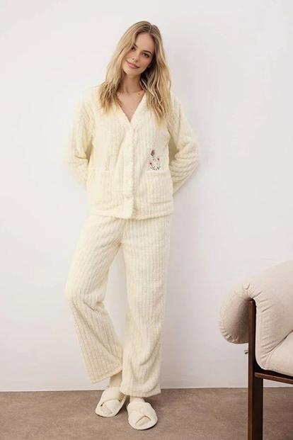 Multi Floral Embroidered V Neck Button Through Ribbed Knit Pyjama Set