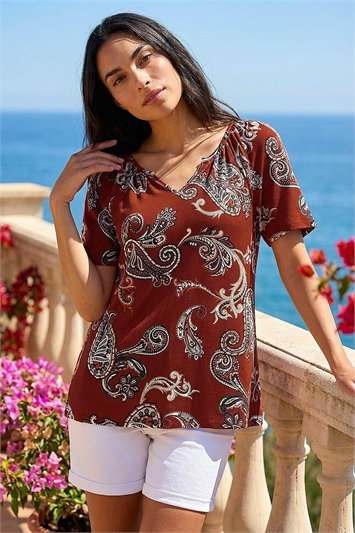 Red Paisley Puff Print Gathered Stretch Top