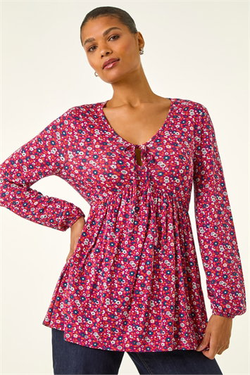 Pink Floral Tie Front Stretch Top