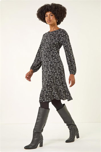 Black Floral Print Frill Stretch Dress
