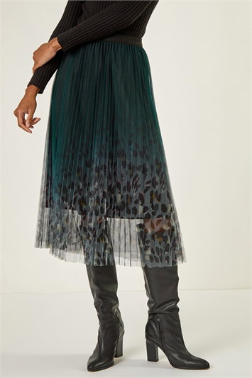 Green Printed Pleat Mesh Skirt
