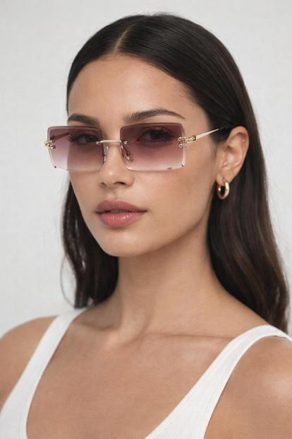 Brown Rimless Rectangle Sunglasses In Brown
