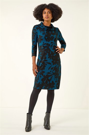 Blue Floral Print Cowl Neck Dress