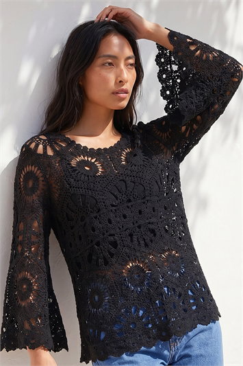 Black Petite Crochet Flare Sleeve Top