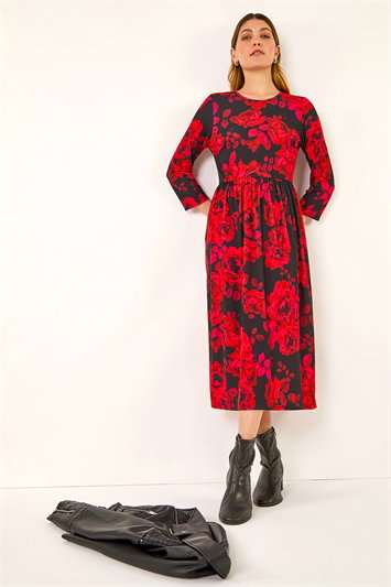 Red Rose Print Gathered Stretch Midi Dress