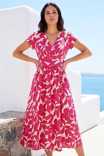 Pink Leaf Print V-Neck Midi Dress