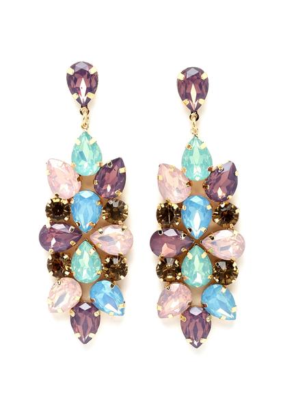Green Floral Crystals Drop Earrings In Blue