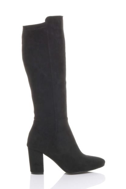 Black High Block Heel Stretchy Calf Boots