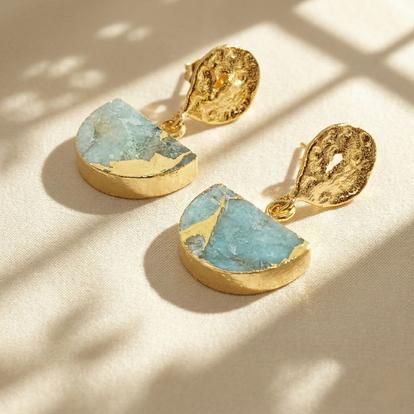 Metallic Aquamarine March Birthstone Statement Hammered Earrings