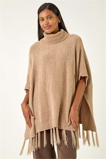 Cream Tassel Trim Knit Poncho