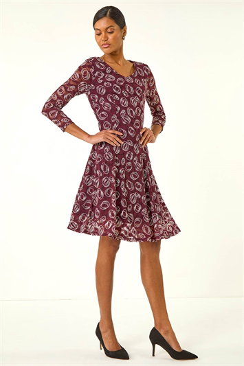 Red Geo Print Lace Stretch Dress