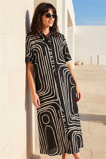 Black Abstract Print Midi Shirt Dress