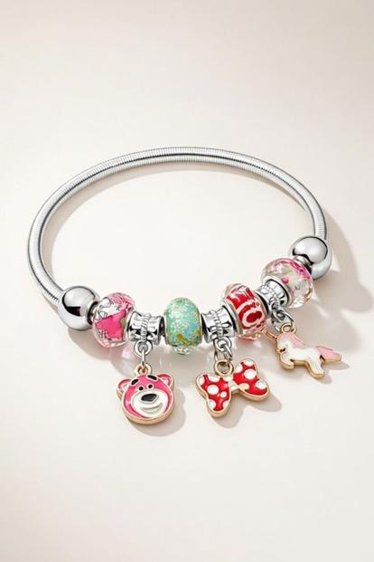 Metallic Unicorn Charm Dangle Silver Enamel Bangle Bracelet