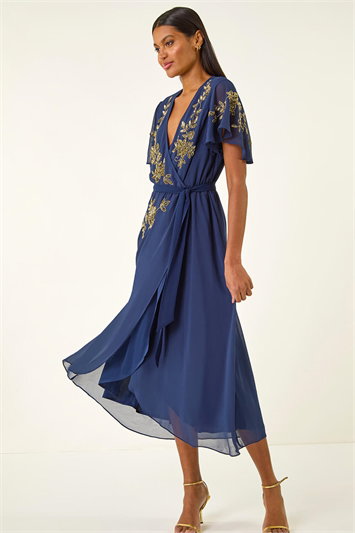 Blue Premium Embellished Wrap Midi Dress
