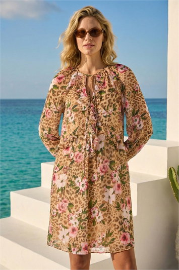 Floral Animal Print Frill A-Line Dress 14738662