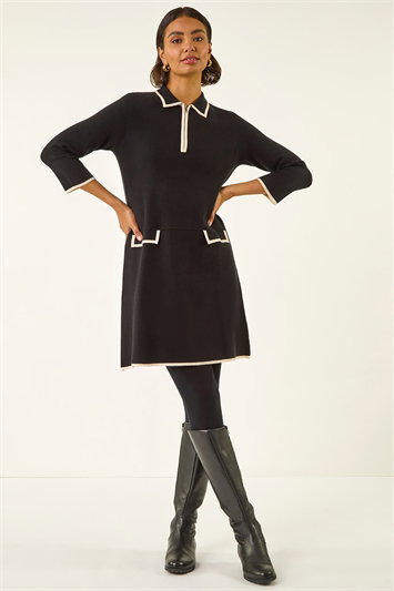 Black Contrast Zip Collared Knit Dress