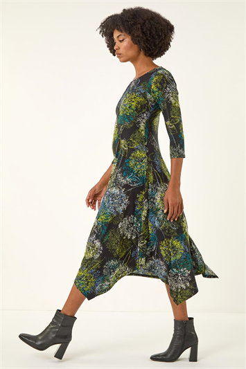 Green Floral Hanky Hem Stretch Midi Dress