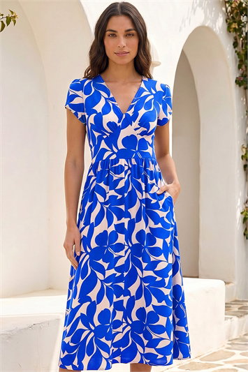 Leaf Print V-Neck Midi Dress 14756780