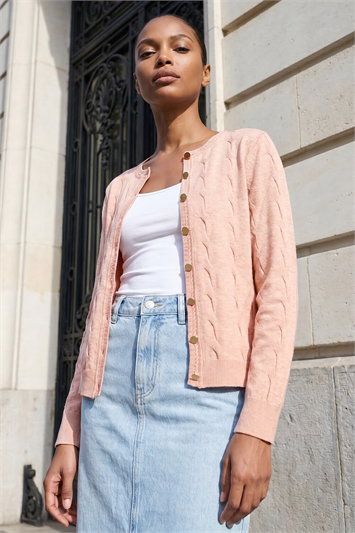 Pink Textured Cable Knit Cardigan