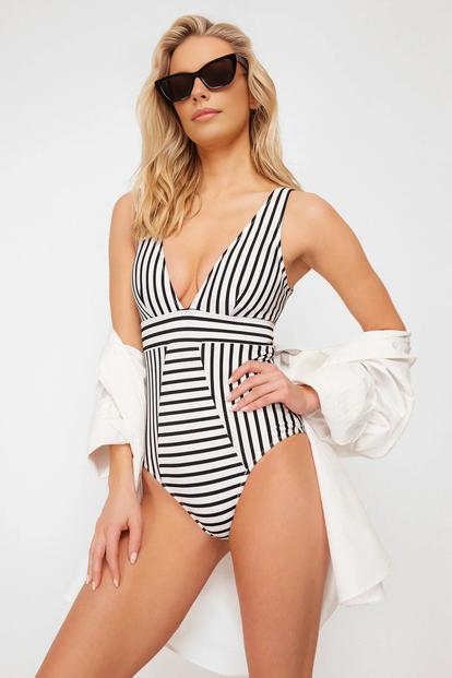Multi Striped Plunge Neck Panelled Swimsuit