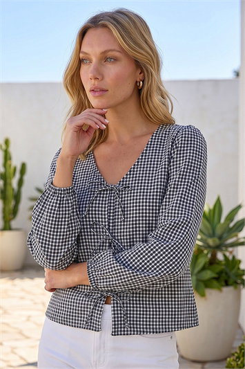 Black Gingham Print Tie Front Woven Top