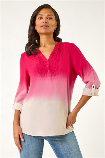 Red Dip Dye Print V-Neck Top