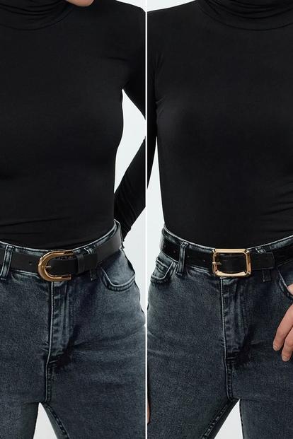 Multi Double Pack Gold Horseshoe Buckle Wide Faux Leather Belt