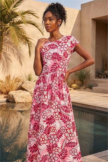 Pink Floral Pocket Midi Dress