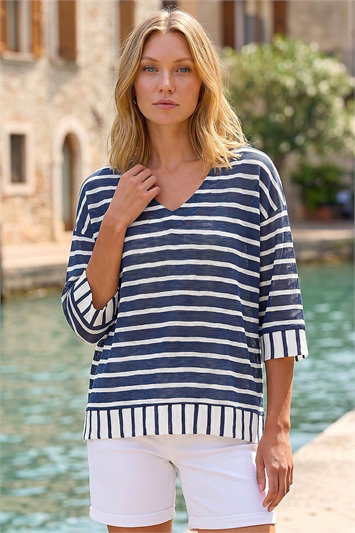 Blue Stripe Print V-Neck Tunic Top