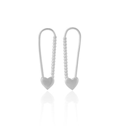 Metallic Heart Beaded Safety Pin Sterling Silver Earring