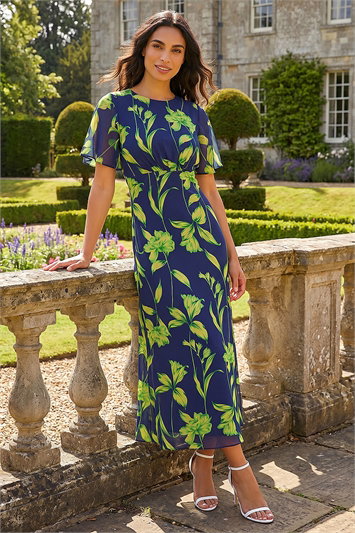 Leaf Print Back Tie Midi Dress 14730660