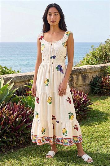 Cream Petite Fruit Print Strappy Midi Dress