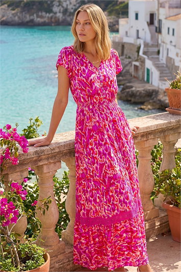 Pink Abstract Print Shirred Waist Maxi Dress