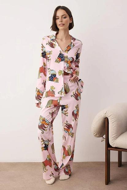 Multi Tiger Print Revere Collar Long Sleeve Cotton Knit Pyjama Set