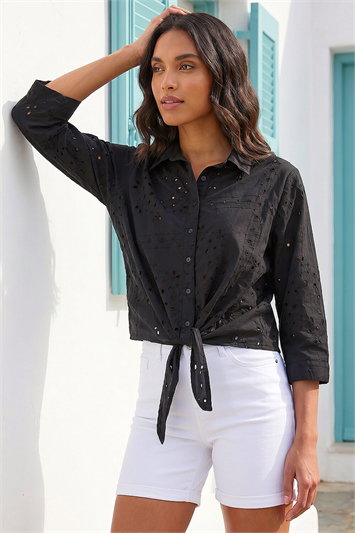 Black Broderie Tie Front Shirt