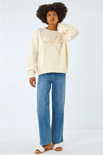 Faux Pearl Bow Knit Crew Jumper 16224338