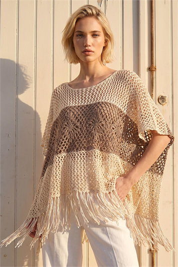 Cream Tassel Stripe Crochet Poncho