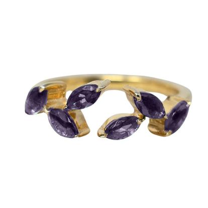 Metallic Gold Vermeil Open Leaf Ring With Amethyst Gemstones