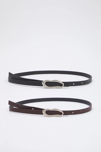 Multi Double Pack Silver Sculptural Buckle Slim Faux Leather Belt