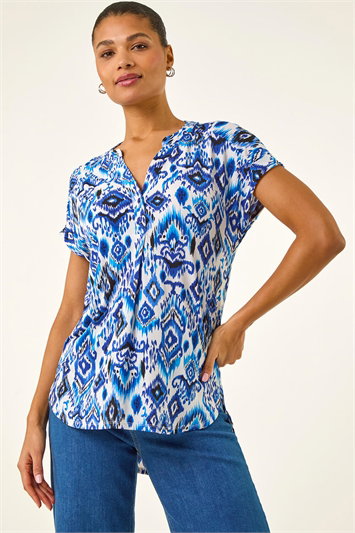 Blue Ikat Print Stretch Top