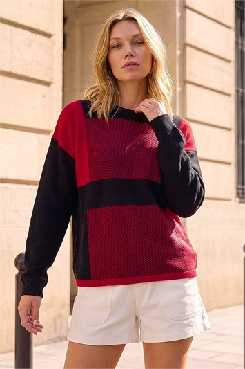 Red Colour Block Knit Jumper