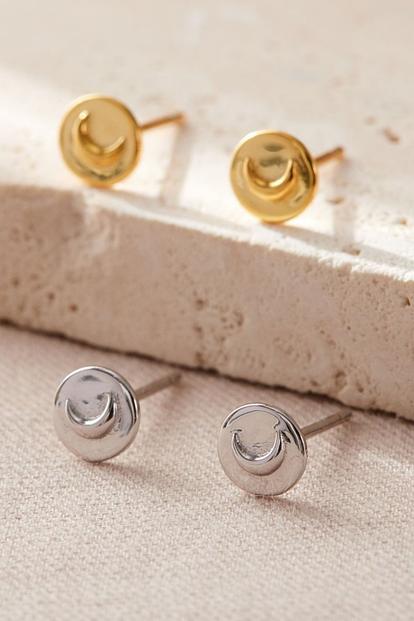 Metallic Sterling Silver Round Crescent Moon Studs