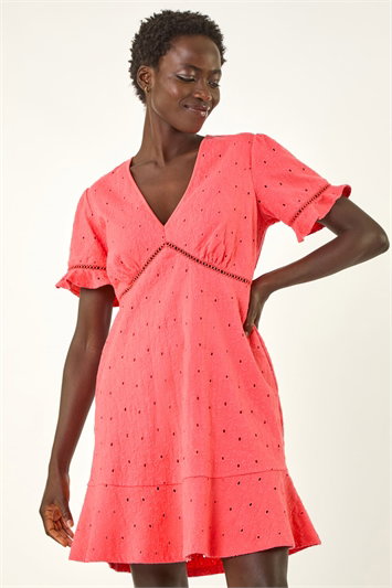 Pink Broderie Cotton Stretch Frill Dress