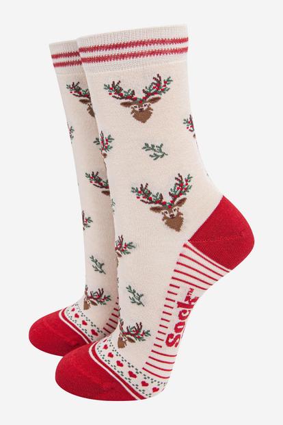 Cream Christmas Reindeer Stags Bamboo Socks
