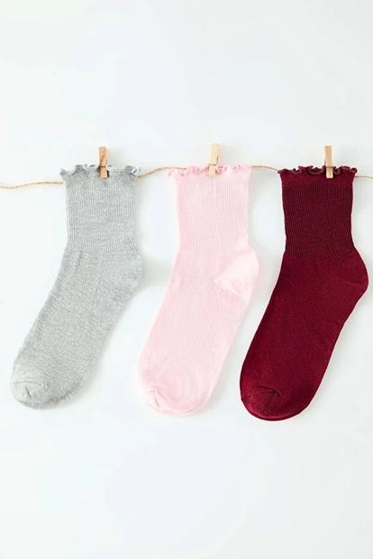 Multi Three Pack Cotton Ribbed Knit Socks With Lettuce Edge Detail