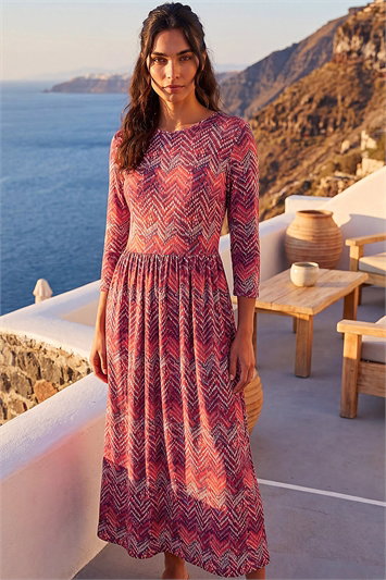 Red Zig Zag Print Midi Dress